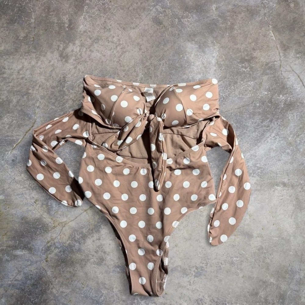 Envy polka dot one piece swimsuit Size M‎ tan and white retro swimwear